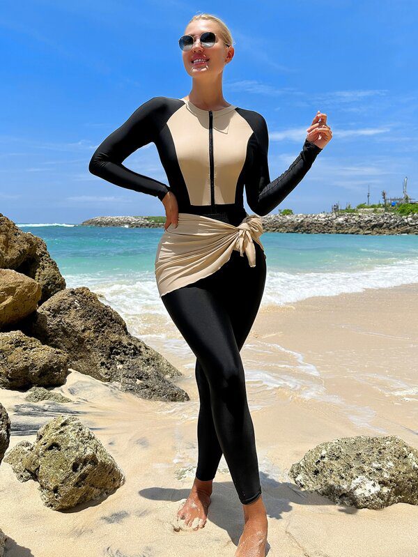 Burkini beige 3 pièces Bikini bicolore zippé avec jupe de plage