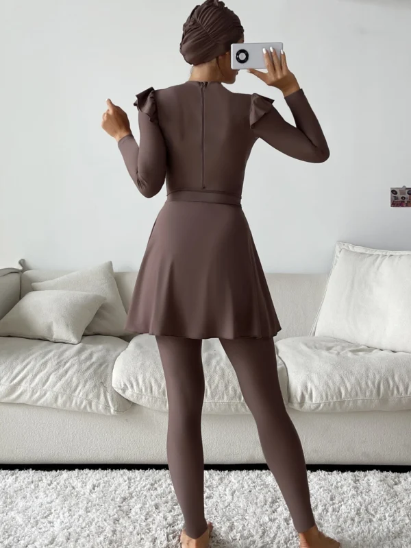 Burkini marron Mono Tankini Ensemble Manches Longues À Volants Long Natation Chemise & Ceinturé Jupe & Legging & Casquette 4 pièces Maillot De Bain – Image 3