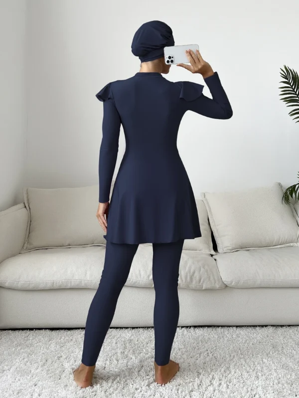 Burkini À Volants Manches Longues Long Natation Chemise & Pantalon Complet Du Corps Bikini & Casquette 3 pièces Maillot De Bain – Image 5