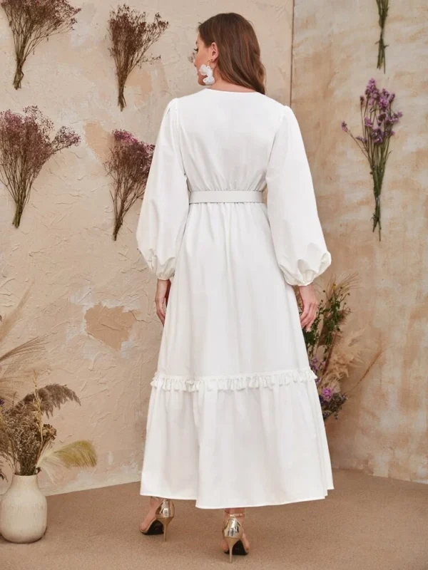 SHEIN Mulvari 1 pièce Robe ceinturée à ruban géométrique manches bouffantes à franges – Image 2