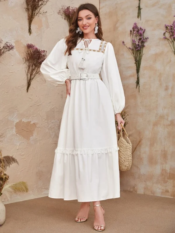 SHEIN Mulvari 1 pièce Robe ceinturée à ruban géométrique manches bouffantes à franges – Image 5
