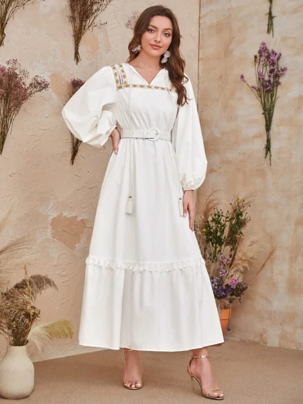 SHEIN Mulvari 1 pièce Robe ceinturée à ruban géométrique manches bouffantes à franges – Image 6