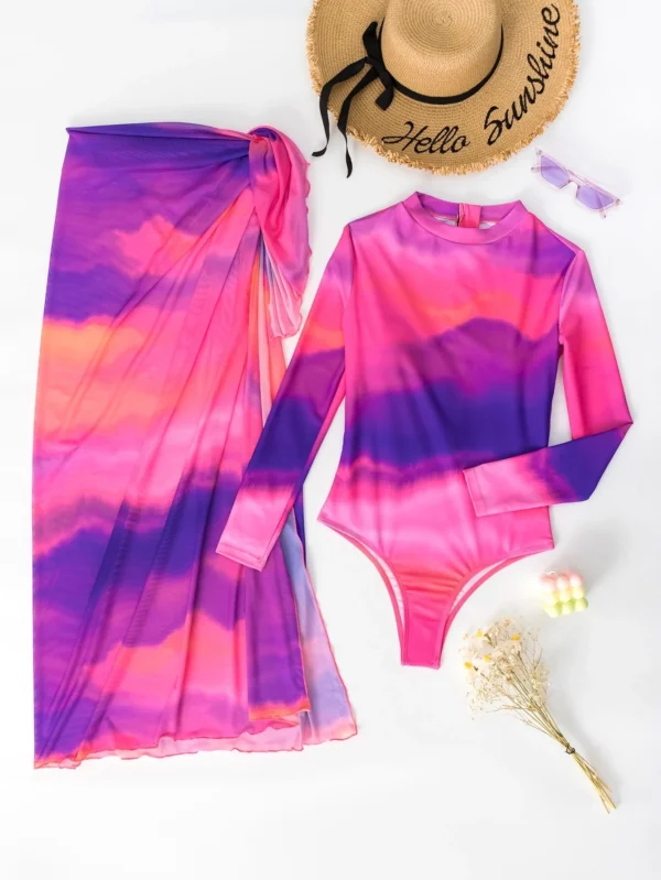 Burkini Maillot de bain une pièce tie dye avec jupe de plage – Image 3